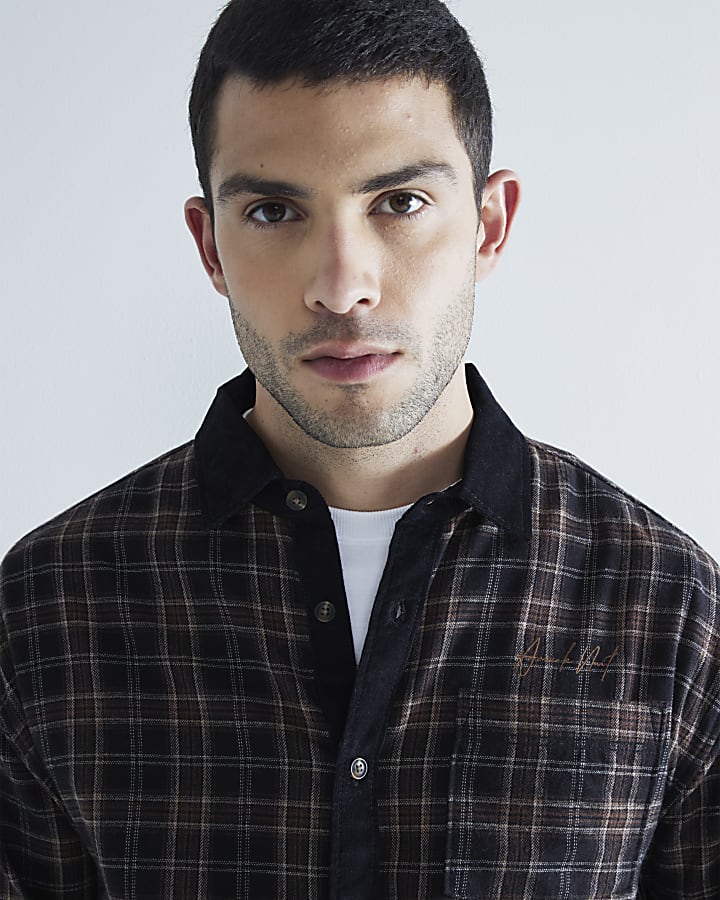 Black Corduroy Collar Check Shirt
