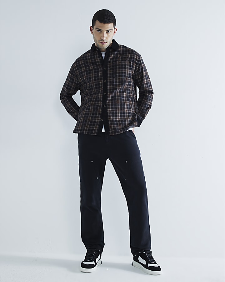 Black Corduroy Collar Check Shirt
