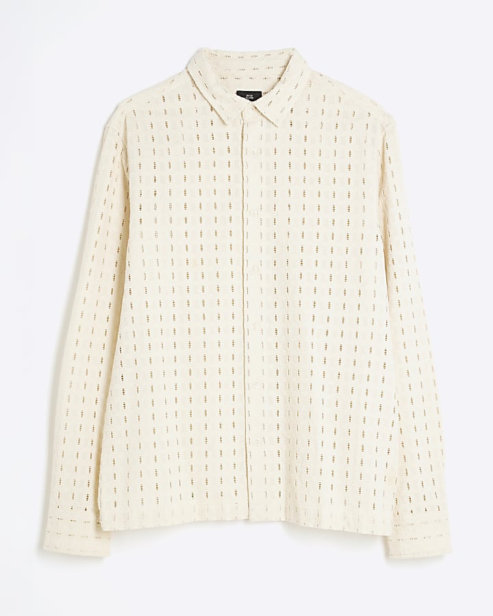 Beige Long Sleeve Broderie Shirt
