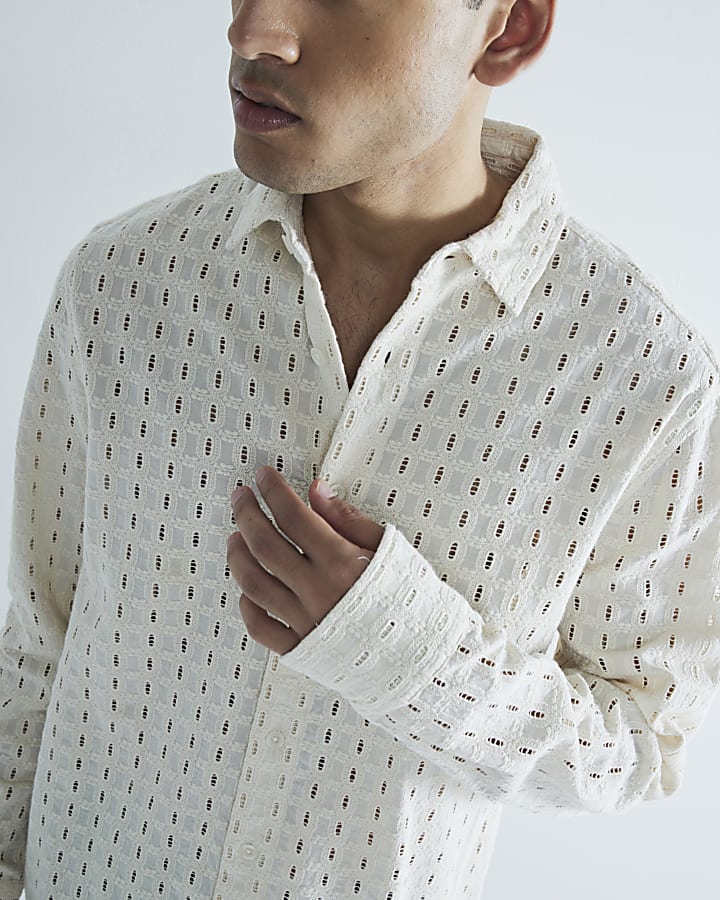 Beige Long Sleeve Broderie Shirt