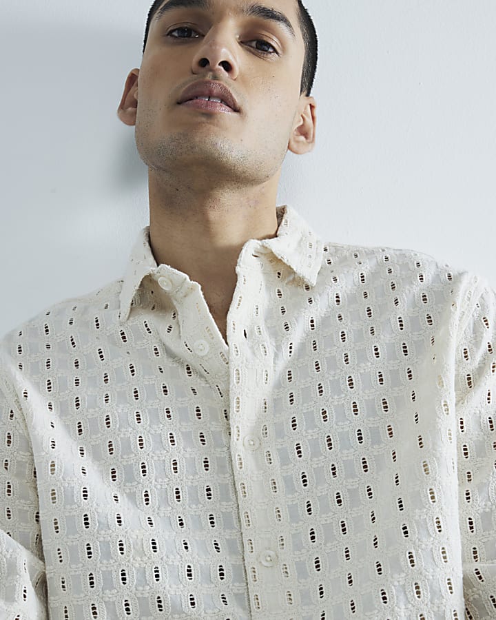 Beige Long Sleeve Broderie Shirt