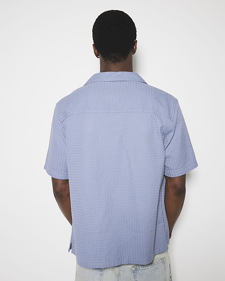 Blue Weave Button Up Short Sleeve Shirt