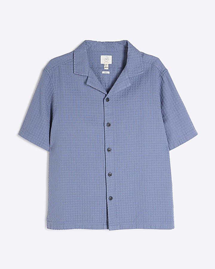 Blue Weave Button Up Short Sleeve Shirt