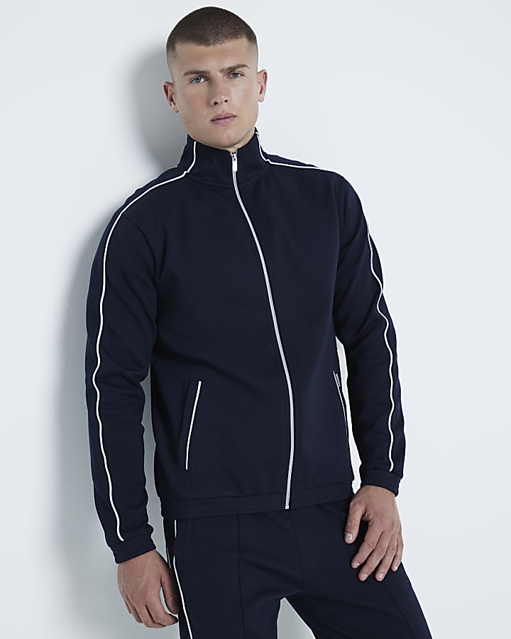 Navy Muscle fit Piped Funnel Jacket