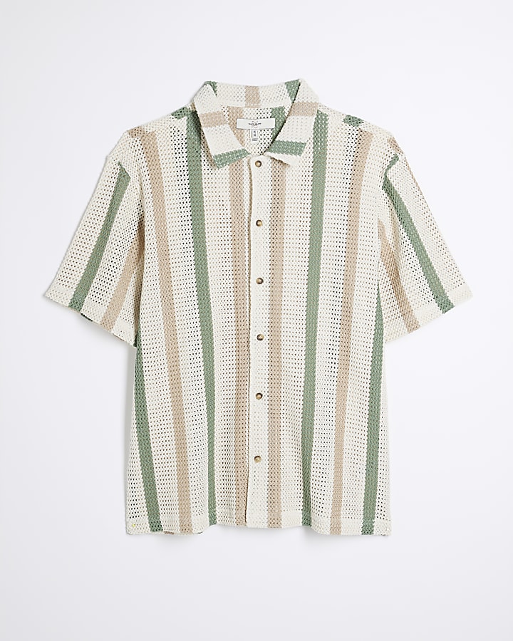 Beige Green Stripe Crochet Shirt