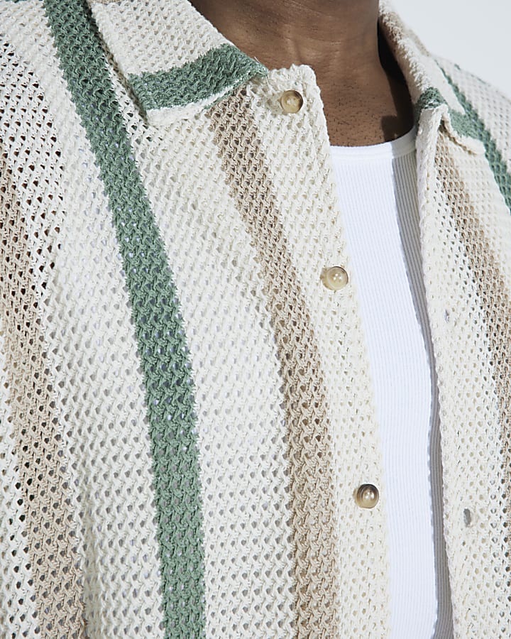 Beige Green Stripe Crochet Shirt