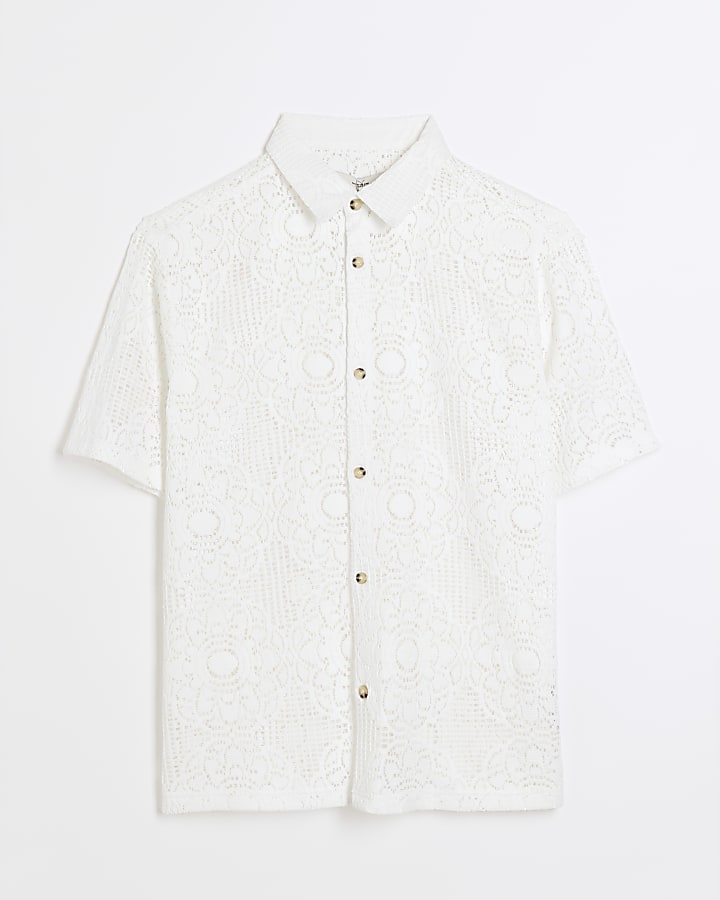 White Slim Fit Floral Crochet Polo Shirt