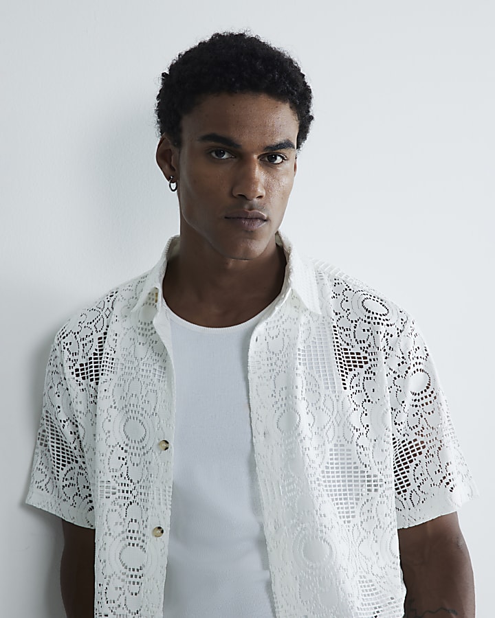 White Slim Fit Floral Crochet Polo Shirt