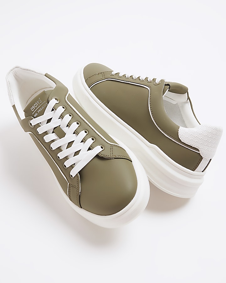 Khaki Faux Leather Lace Up Chunky Trainers