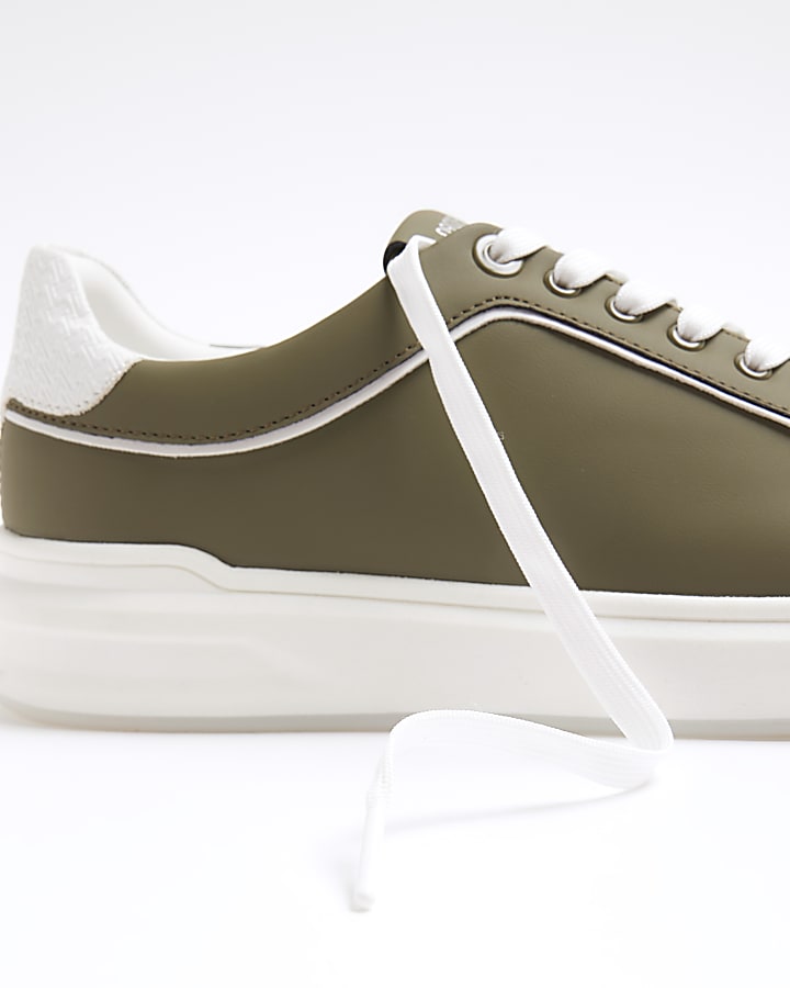 Khaki Faux Leather Lace Up Chunky Trainers