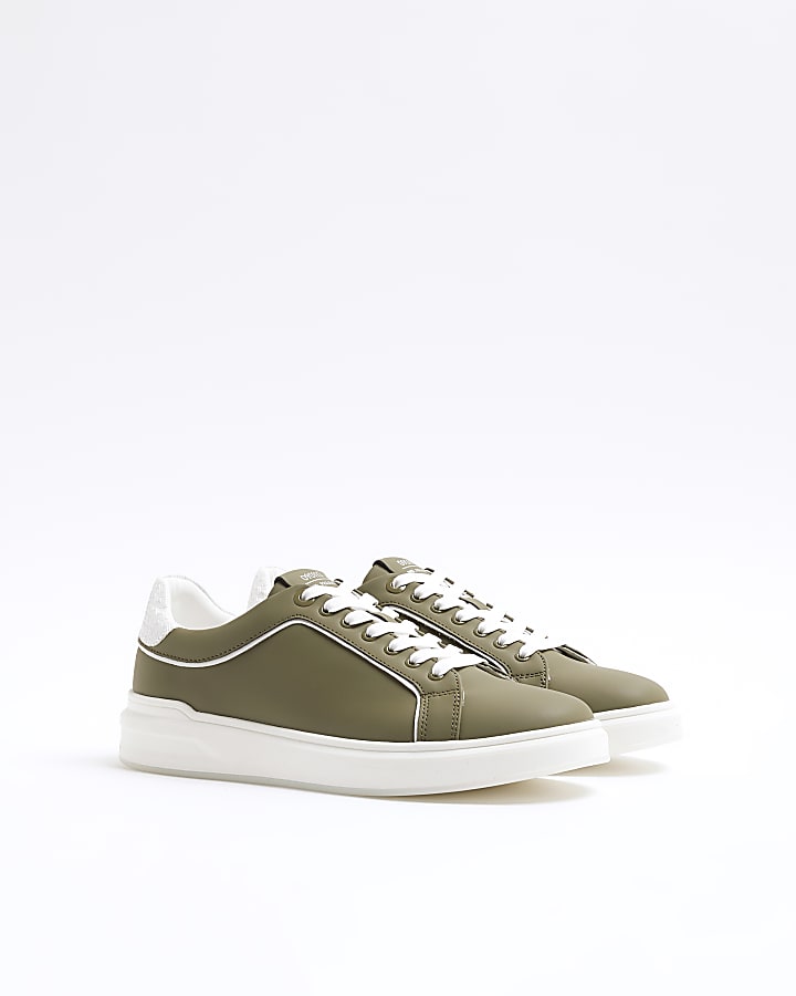 Khaki Faux Leather Lace Up Chunky Trainers