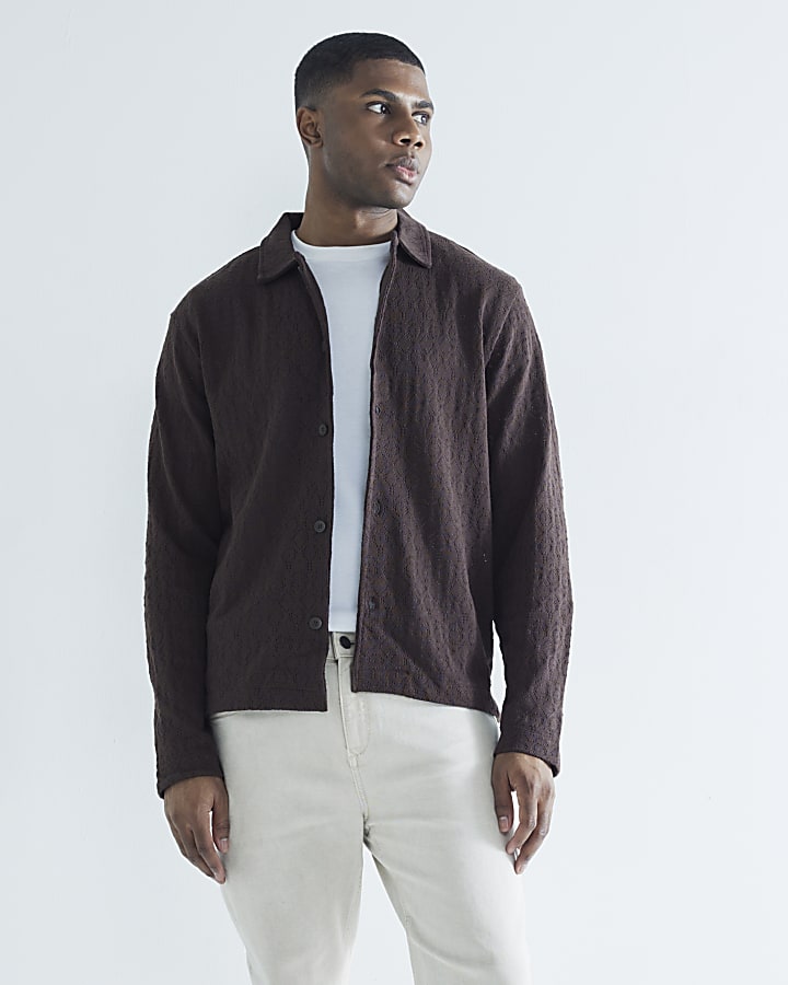 Brown Pointelle Stitch Long Sleeve Shirt