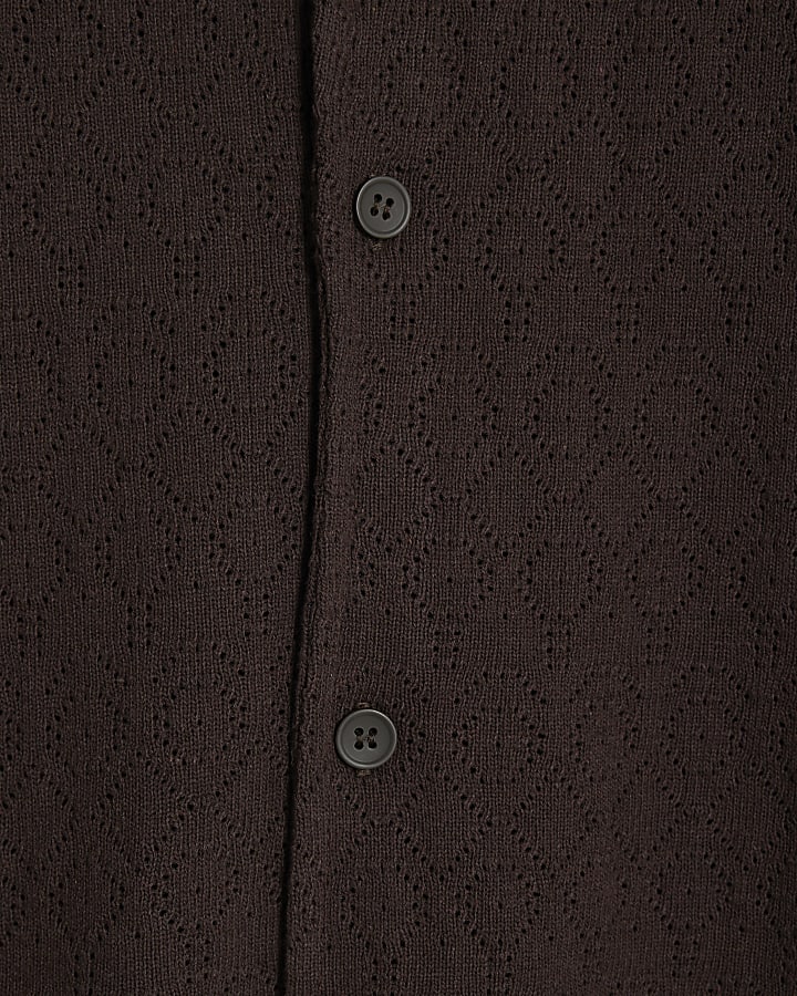 Brown Pointelle Stitch Long Sleeve Shirt