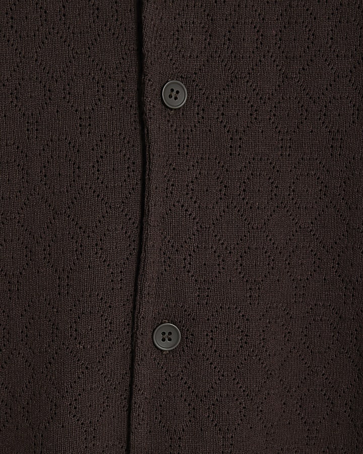 Brown Pointelle Stitch Long Sleeve Shirt