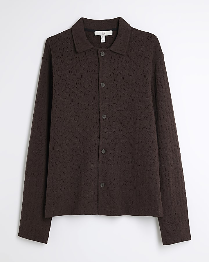 Brown Pointelle Stitch Long Sleeve Shirt