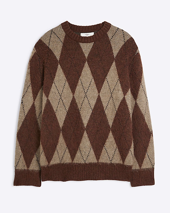 Rust Brushed Long Sleeve Argyle Jumper