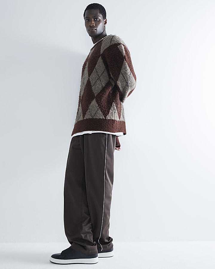 Rust Brushed Long Sleeve Argyle Jumper