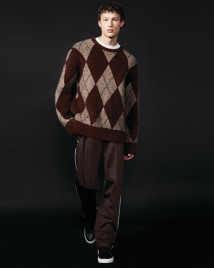 Rust Brushed Long Sleeve Argyle Jumper