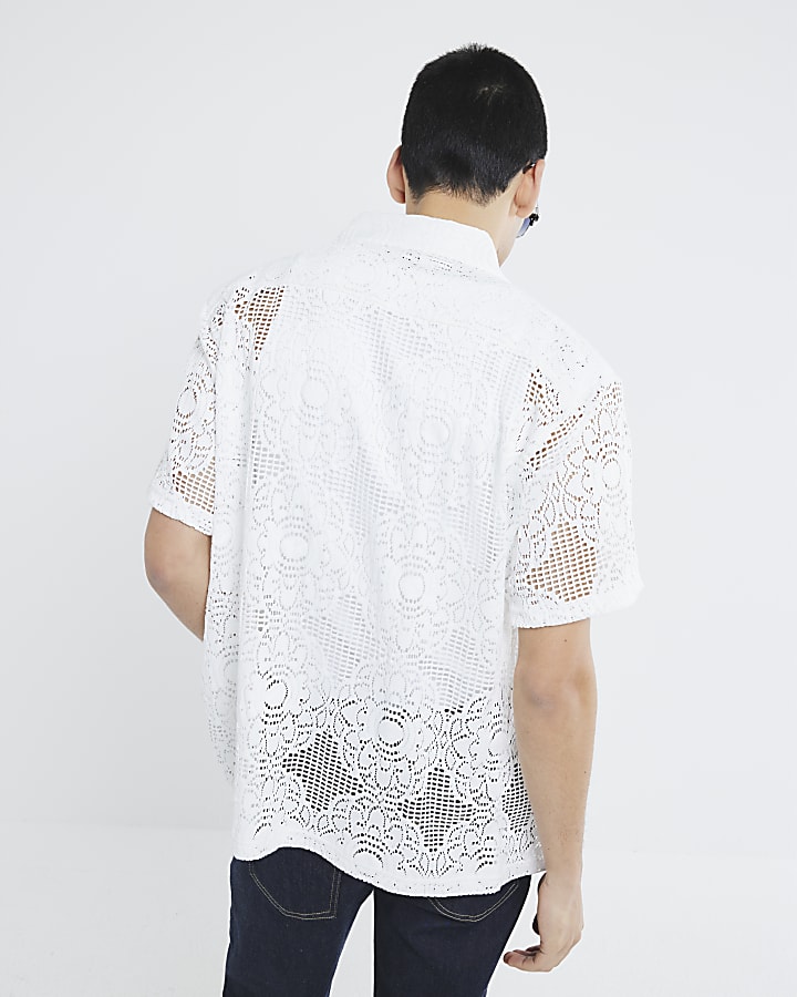 White Slim Fit Floral Crochet Shirt