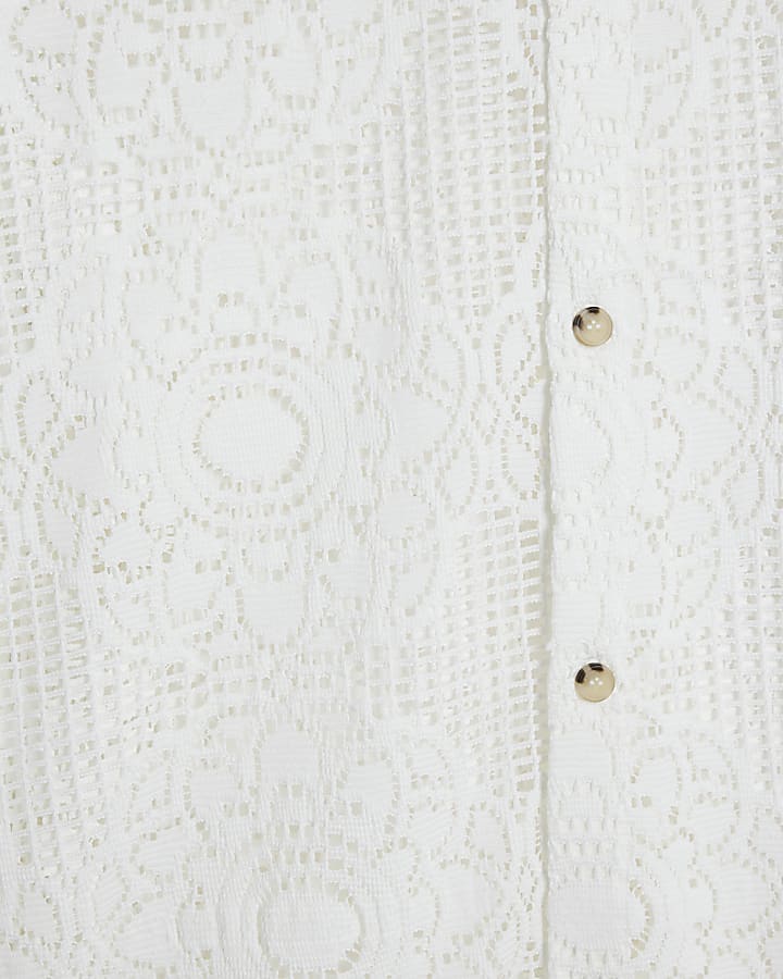 White Slim Fit Floral Crochet Shirt