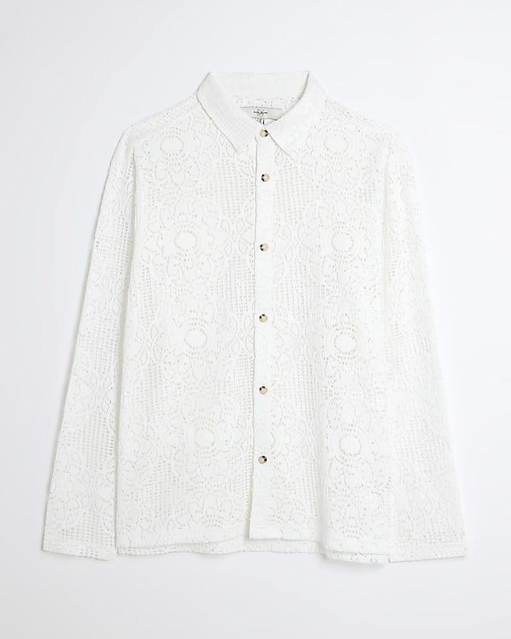 White Slim Fit Floral Crochet Shirt