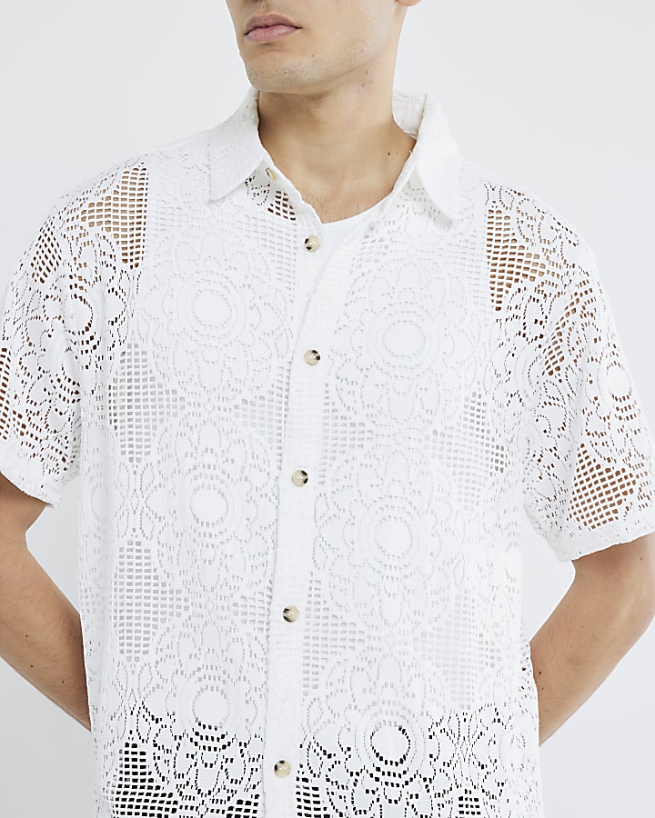 White Slim Fit Floral Crochet Shirt