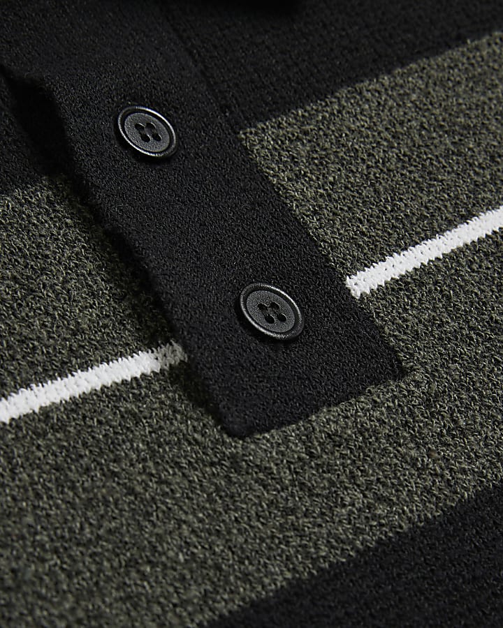 Green Stripe Blocked Boucle Knit Polo Shirt