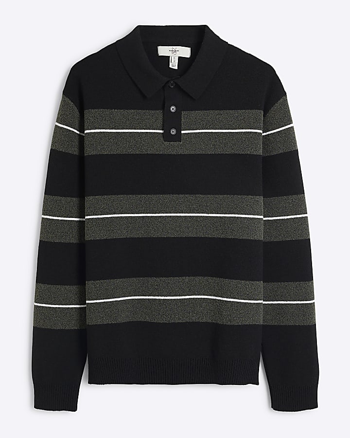 Green Stripe Blocked Boucle Knit Polo Shirt