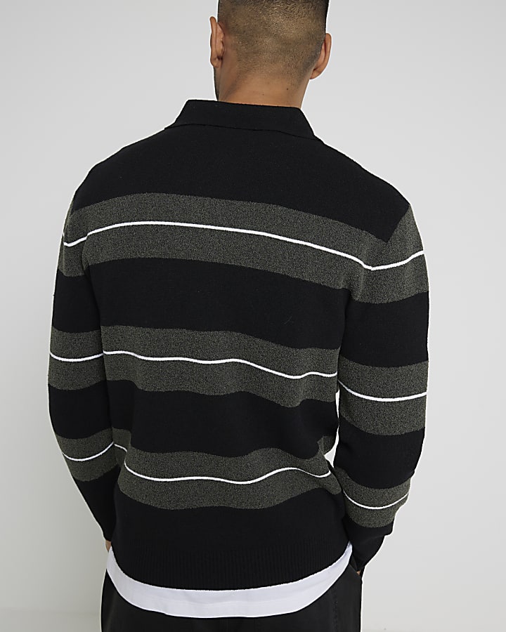 Green Stripe Blocked Boucle Knit Polo Shirt