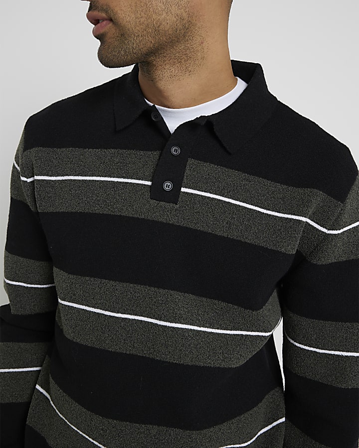 Green Stripe Blocked Boucle Knit Polo Shirt