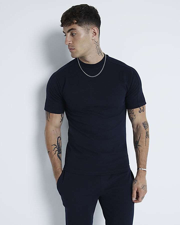 Navy Muscle Fit Pique T-Shirt