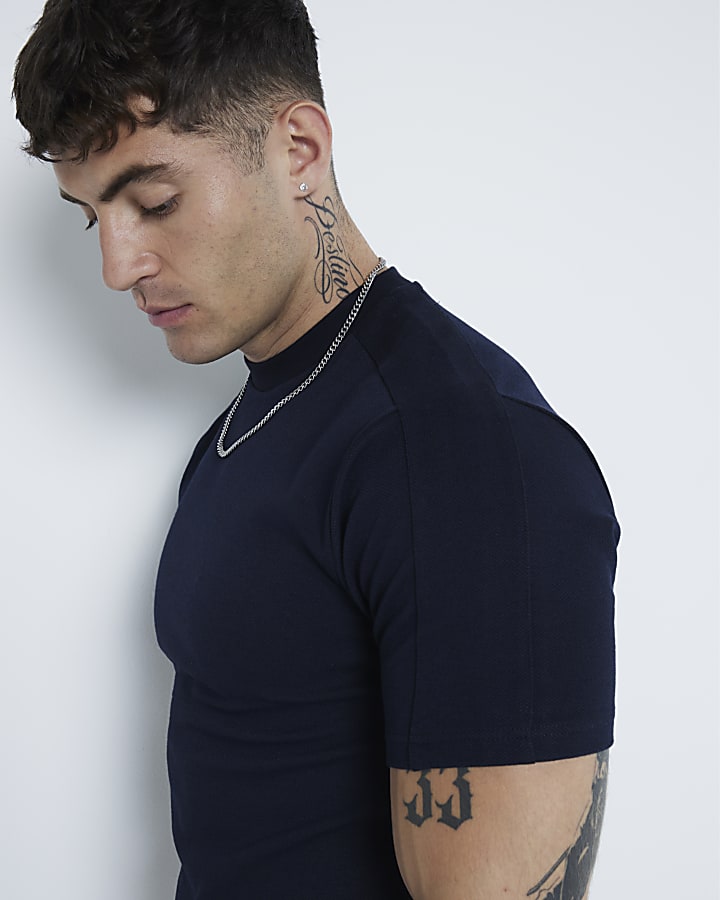 Navy Muscle Fit Pique T-Shirt