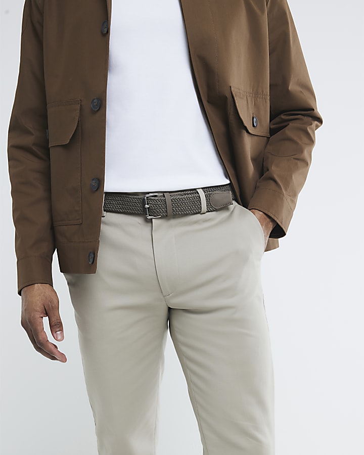 Beige Slim Fit Belted Chino Trousers