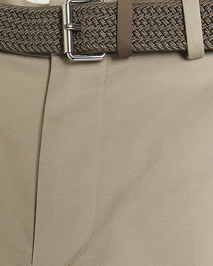 Beige Slim Fit Belted Chino Trousers