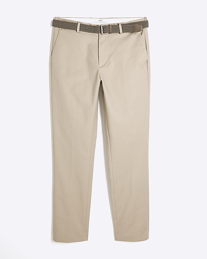 Beige Slim Fit Belted Chino Trousers