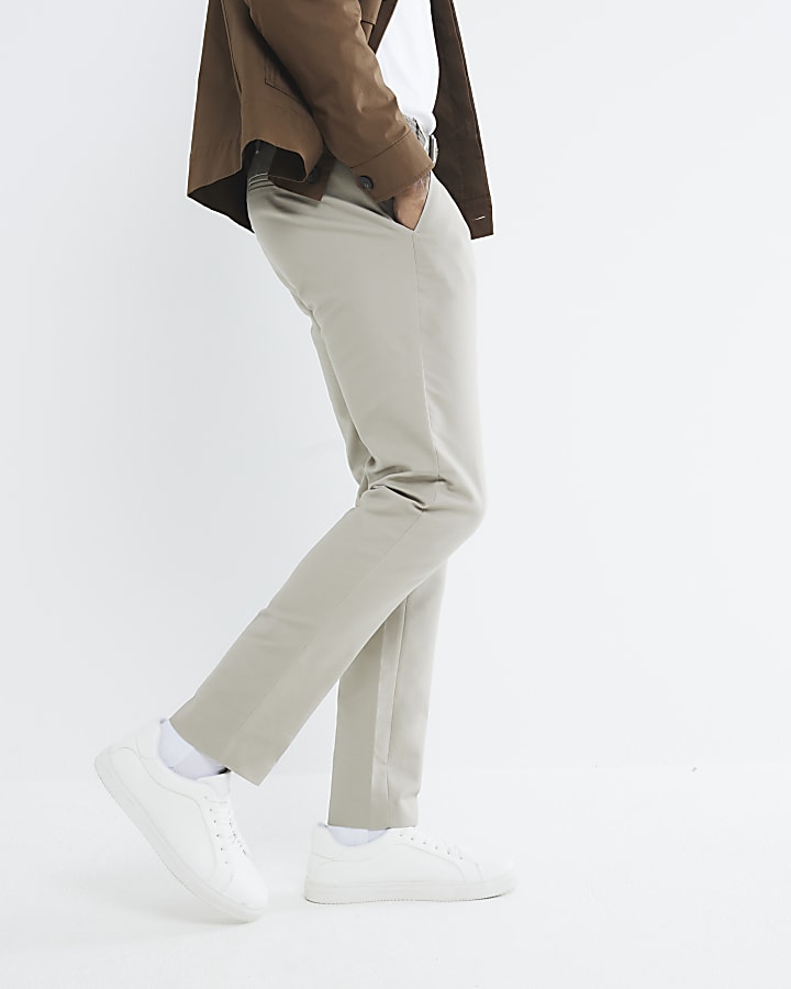 Beige Slim Fit Belted Chino Trousers