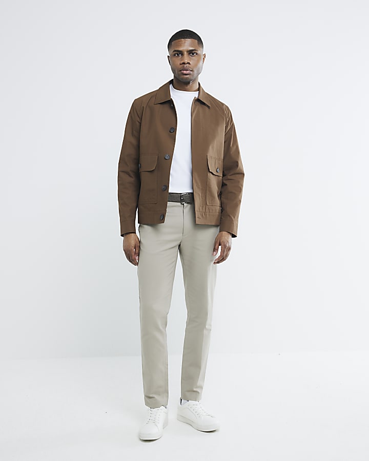 Beige Slim Fit Belted Chino Trousers