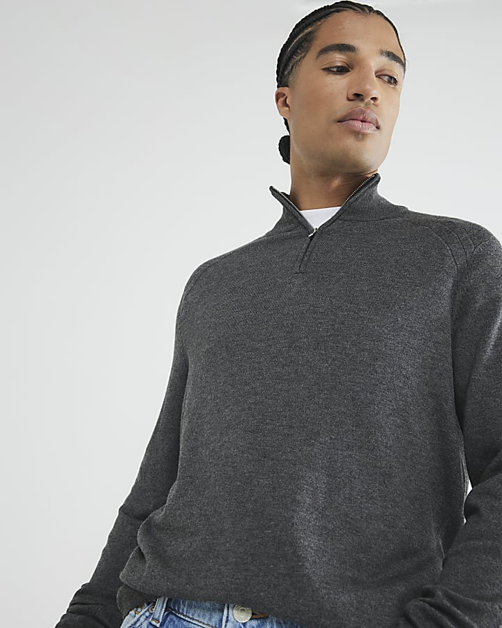 Grey Long Sleeve Half Zip Funnel Jumper