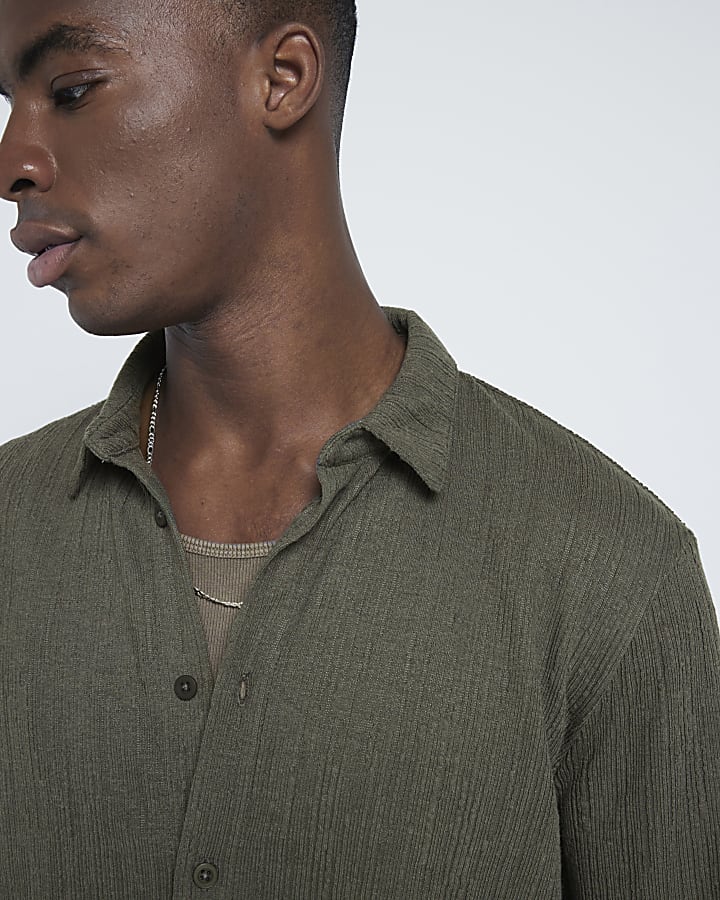 Khaki Regular Fit Plisse Shirt