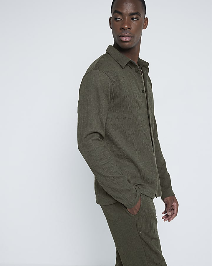 Khaki Regular Fit Plisse Shirt