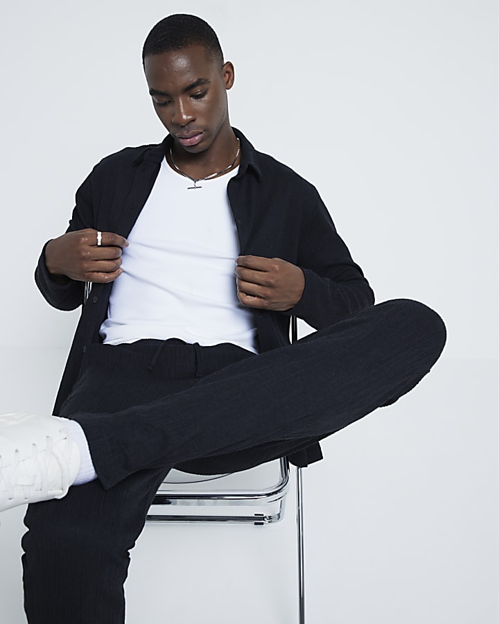 Black Regular Fit Plisse Shirt