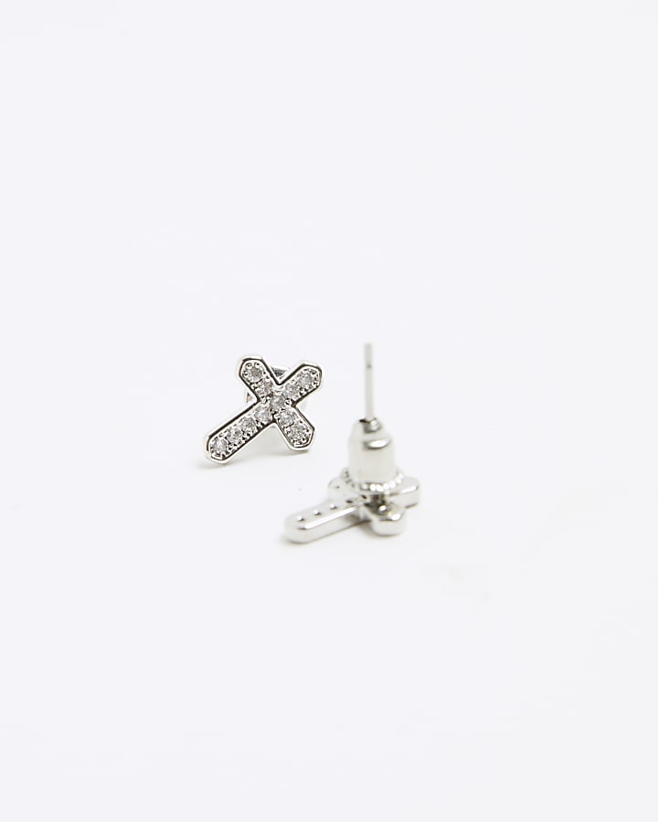 Silver colour diamante cross earrings