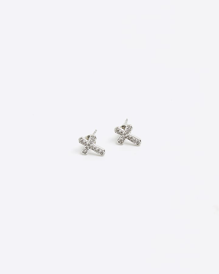 Silver colour diamante cross earrings