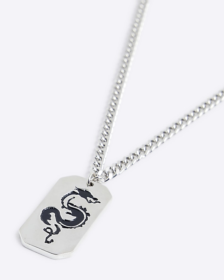 Silver colour dragon tag necklace