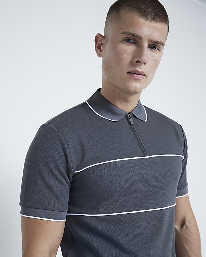 Grey Muscle Fit Block Polo Shirt