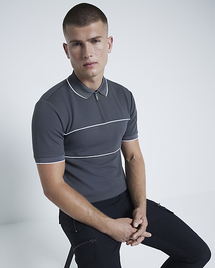 Grey Muscle Fit Block Polo Shirt