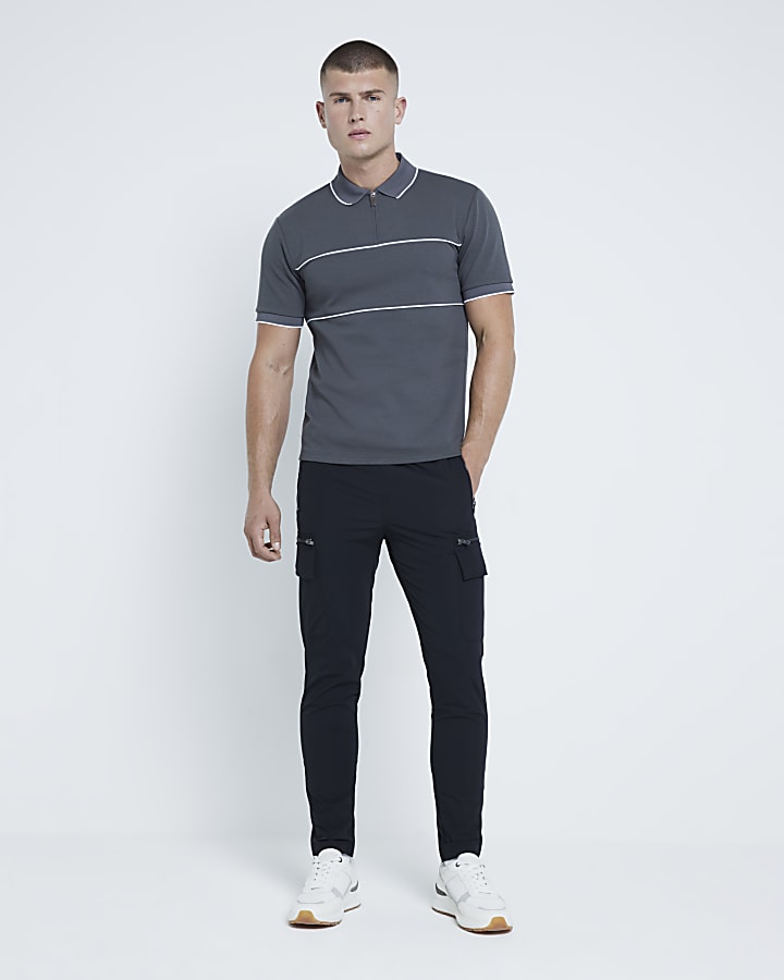 Grey Muscle Fit Block Polo Shirt