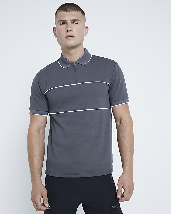 Grey Muscle Fit Block Polo Shirt