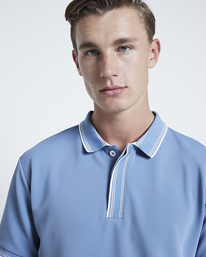 Blue Slim fit textured tipped polo shirt