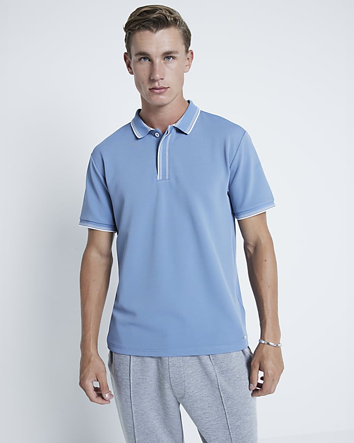 Blue Slim fit textured tipped polo shirt
